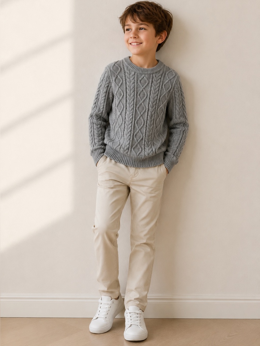 Brooks Brothers Boys Gray Cable Knit Crewneck Sweater | Size Small